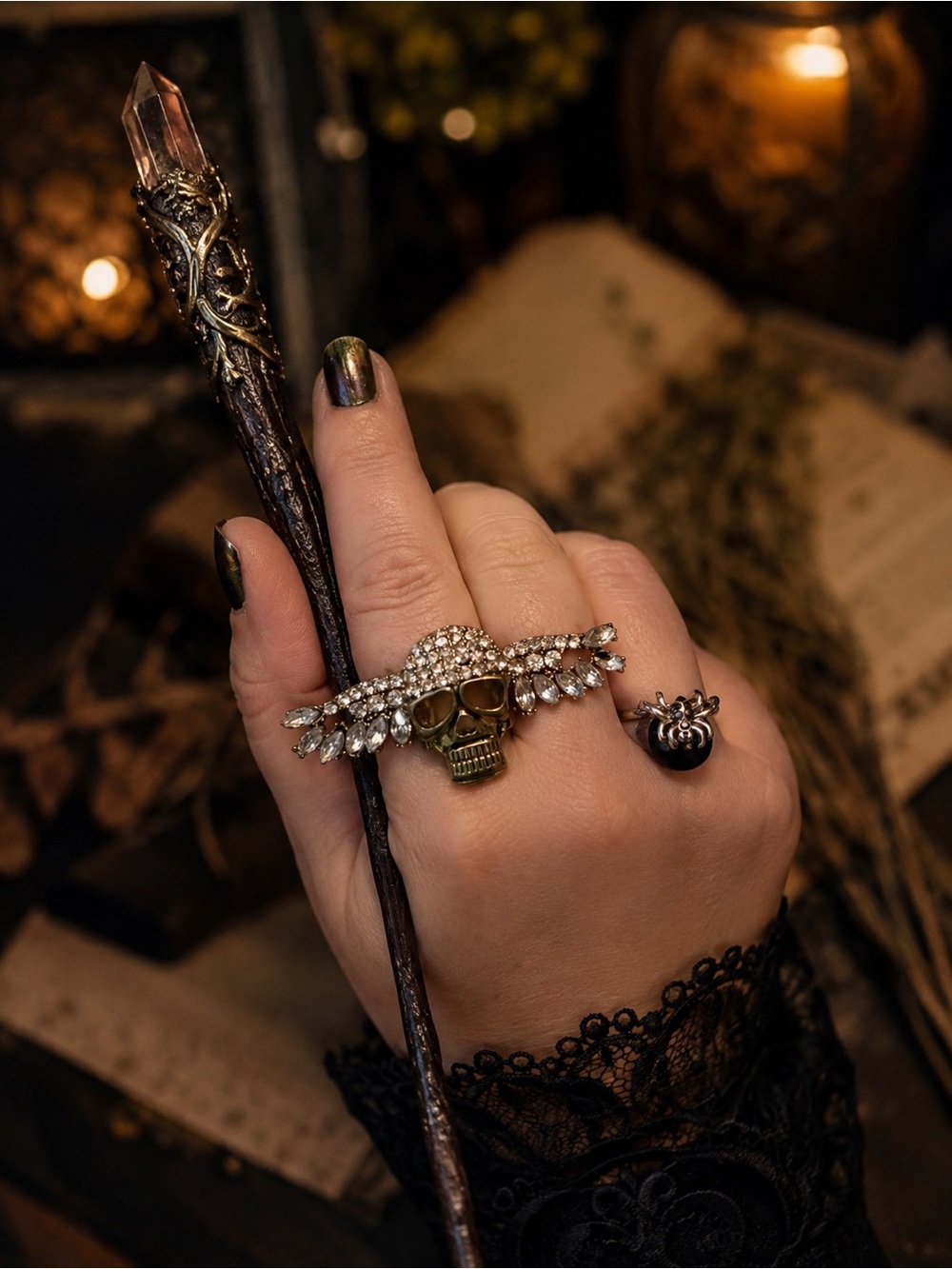 Skull & Spider Rhinestone Statement Ring Set Gothic Halloween Jewelry